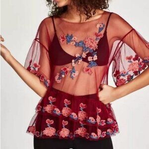 🌹 ZARA Red Embroidered Floral Sheer Tulle Mesh Overlay Ruffle Peplum Top